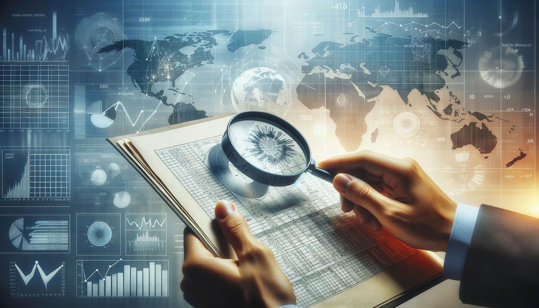 A hand holding a magnifying glass over a financial spreadsheet against a world map and charts