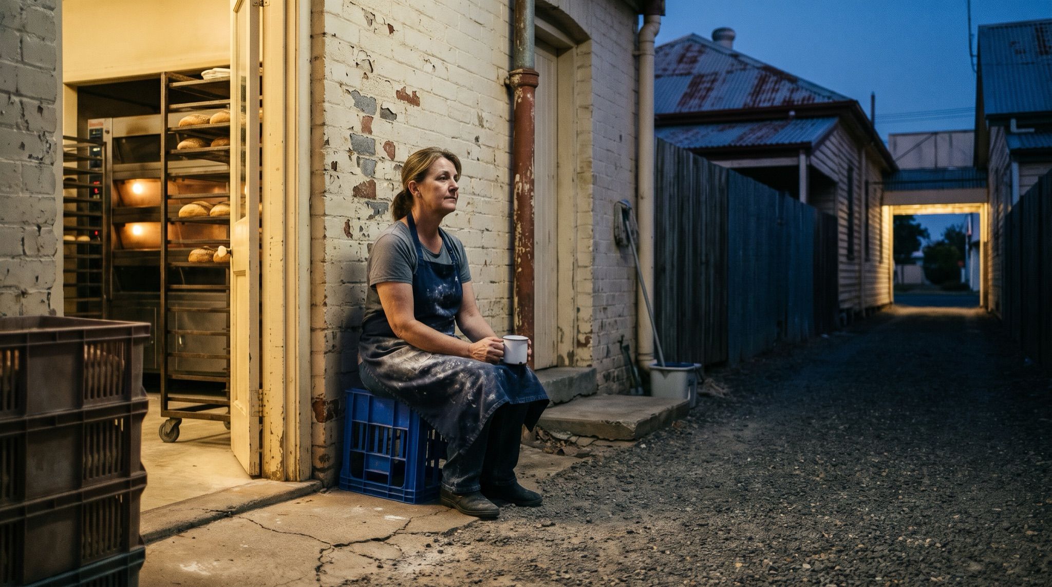 A baker rests on a crate in the lane behind her bakery before dawn, a mug of tea in both hands.