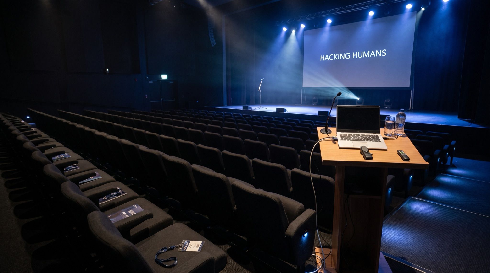 A darkened security-conference auditorium seen from the back, hundreds of empty curved rows with a few programmes and a forgotten lanyard left behind