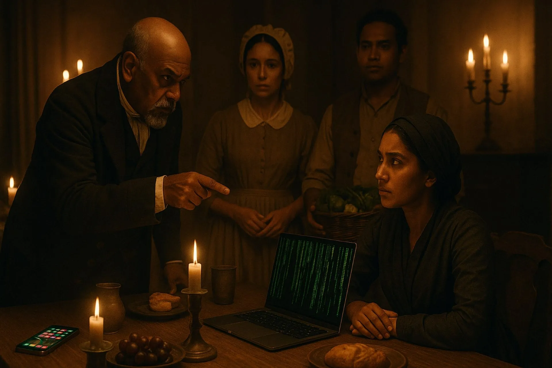 Conceptual image of an overseer scolding a worker in a candlelit plantation-style room with a modern laptop and smartphone on the table, symbolising offshore team management with modern tools.