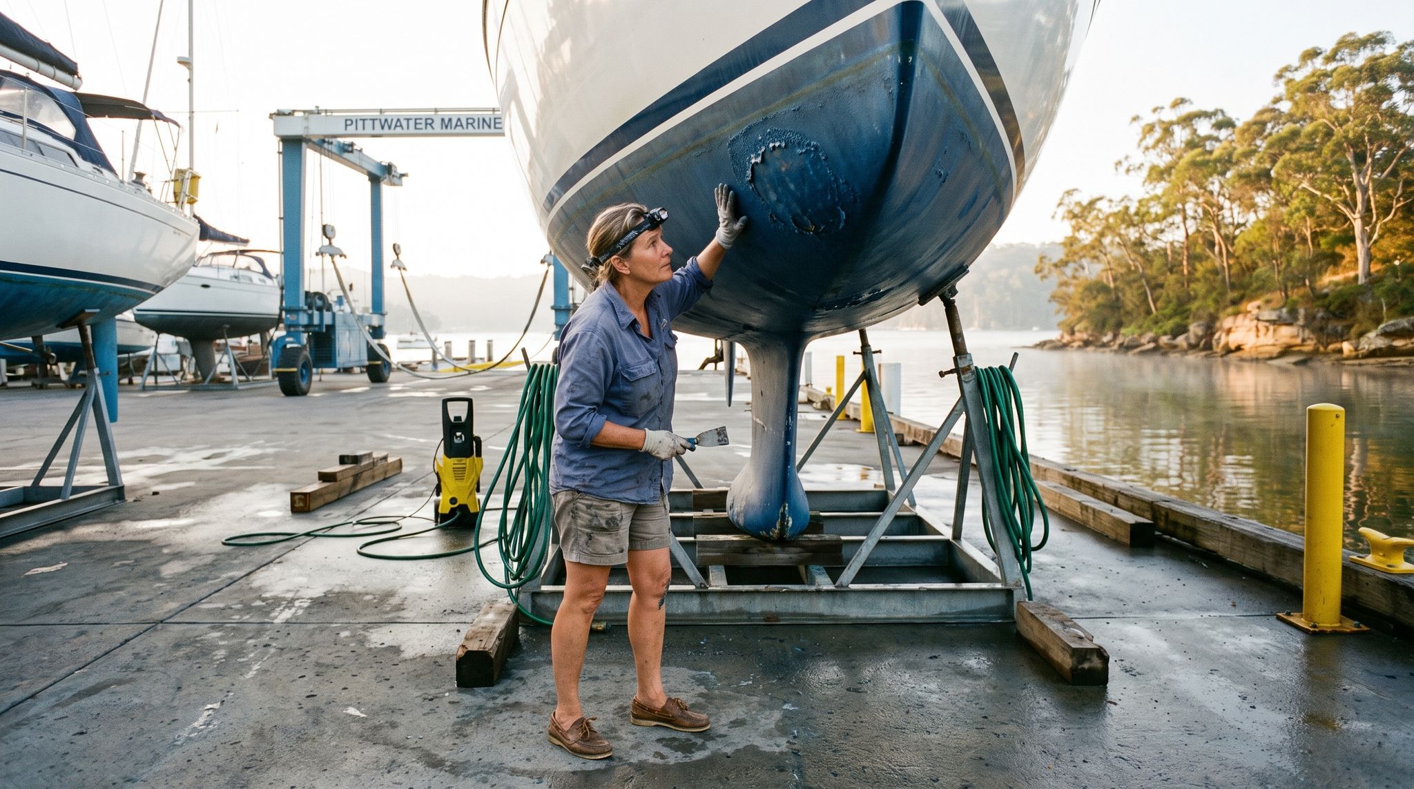An owner checks the hull of her yacht, hauled out at a Pittwater boatyard, before the buyer's surveyor arrives.