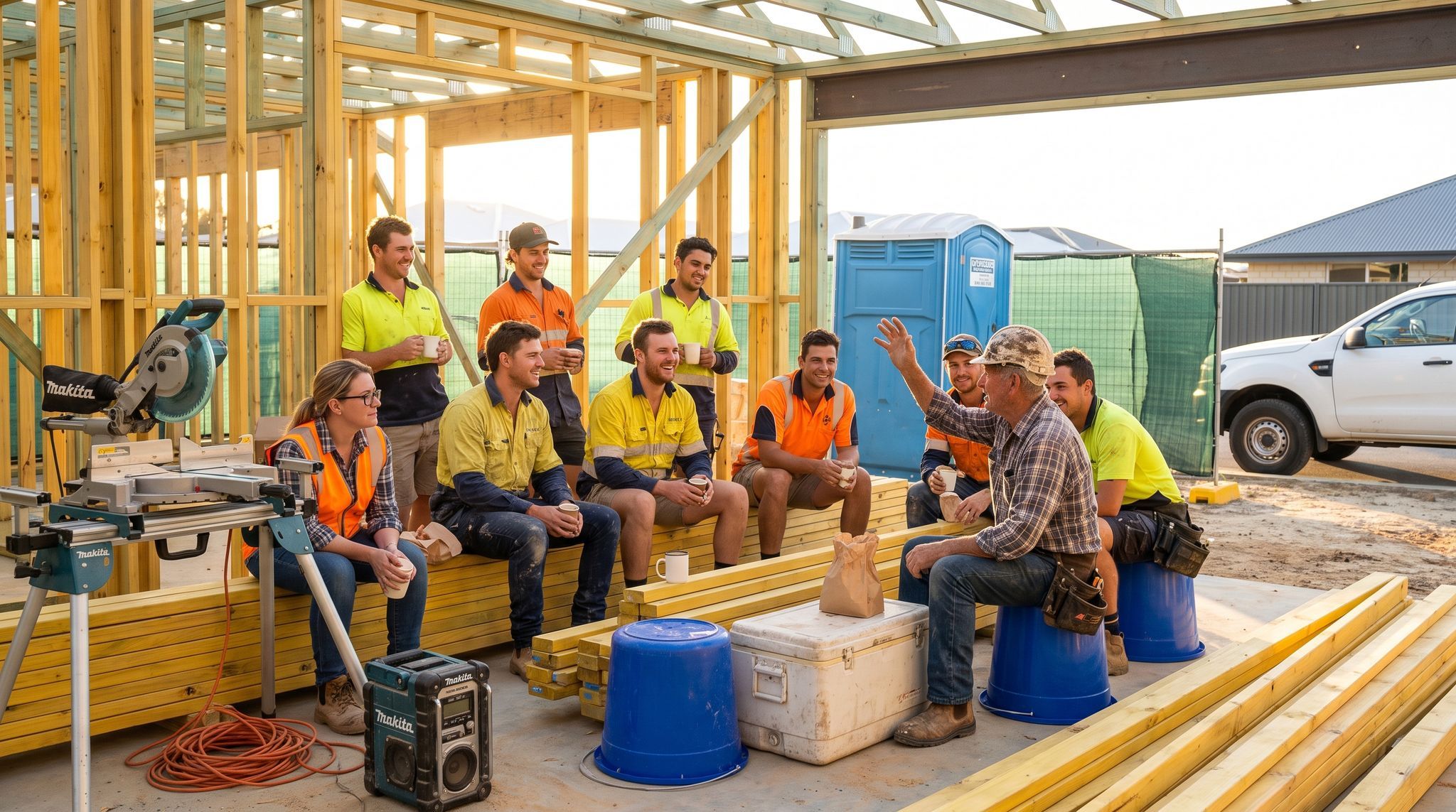 A building crew at Friday smoko on a Perth site, every head turned to the owner, the supervisor quiet at the edge.