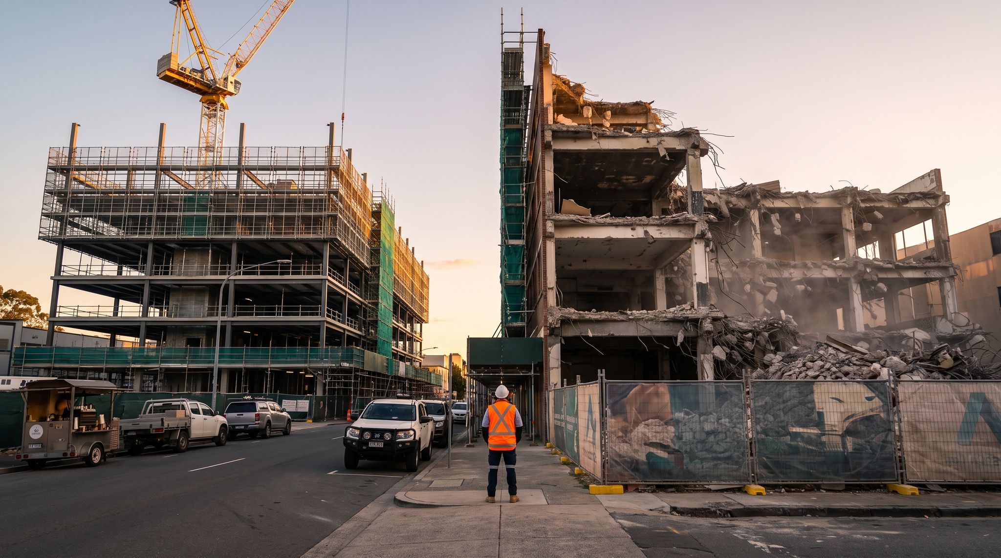 Two adjoining city sites meeting at a hard vertical line, a building going up in clean scaffolding on the left and its neglected neighbour on the right