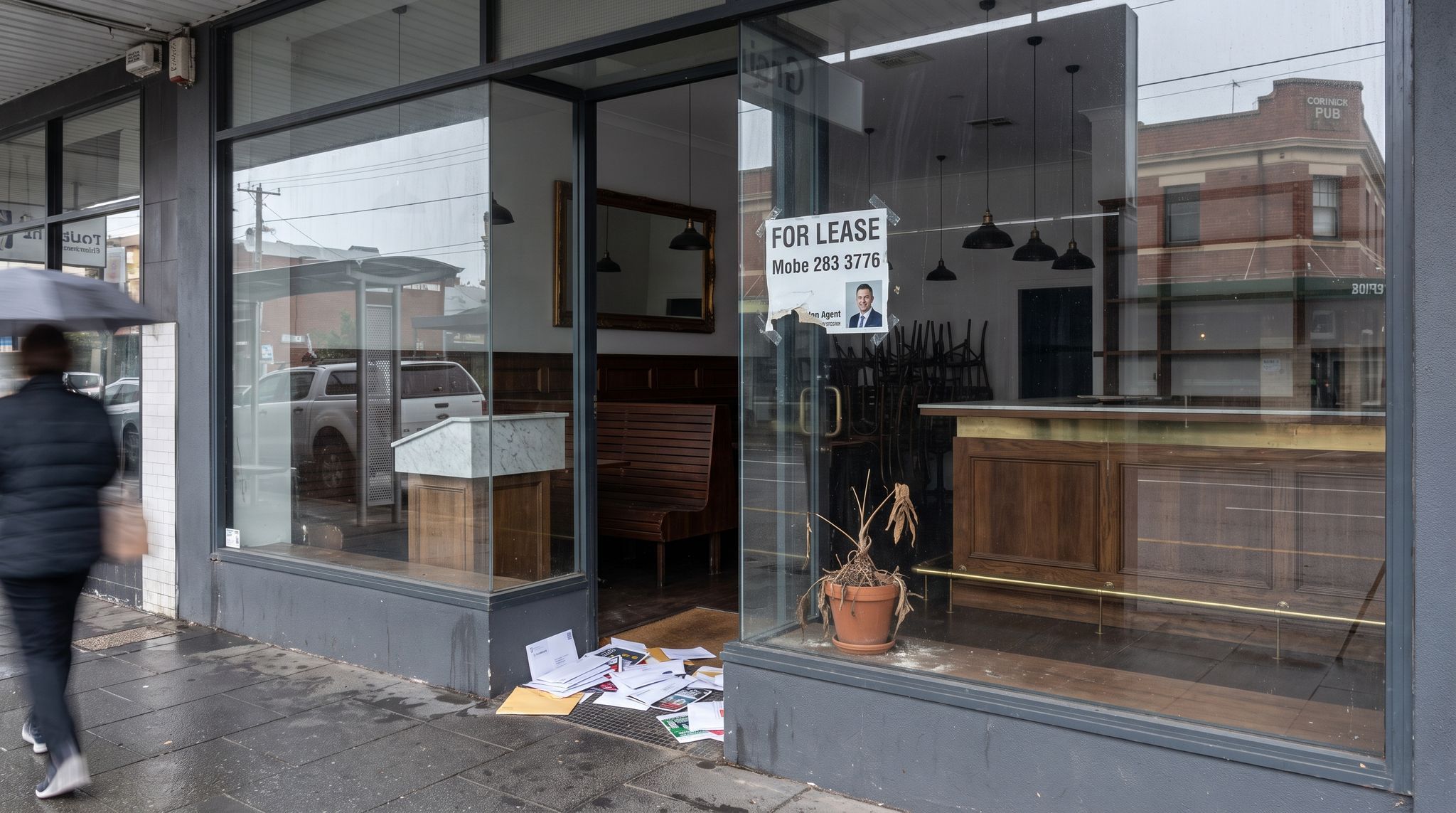 The view through the plate glass of a closed city restaurant, the whole fit-out still intact inside: banquette seating, a timber and brass bar with empty shelves, dark pendants and stacked chairs
