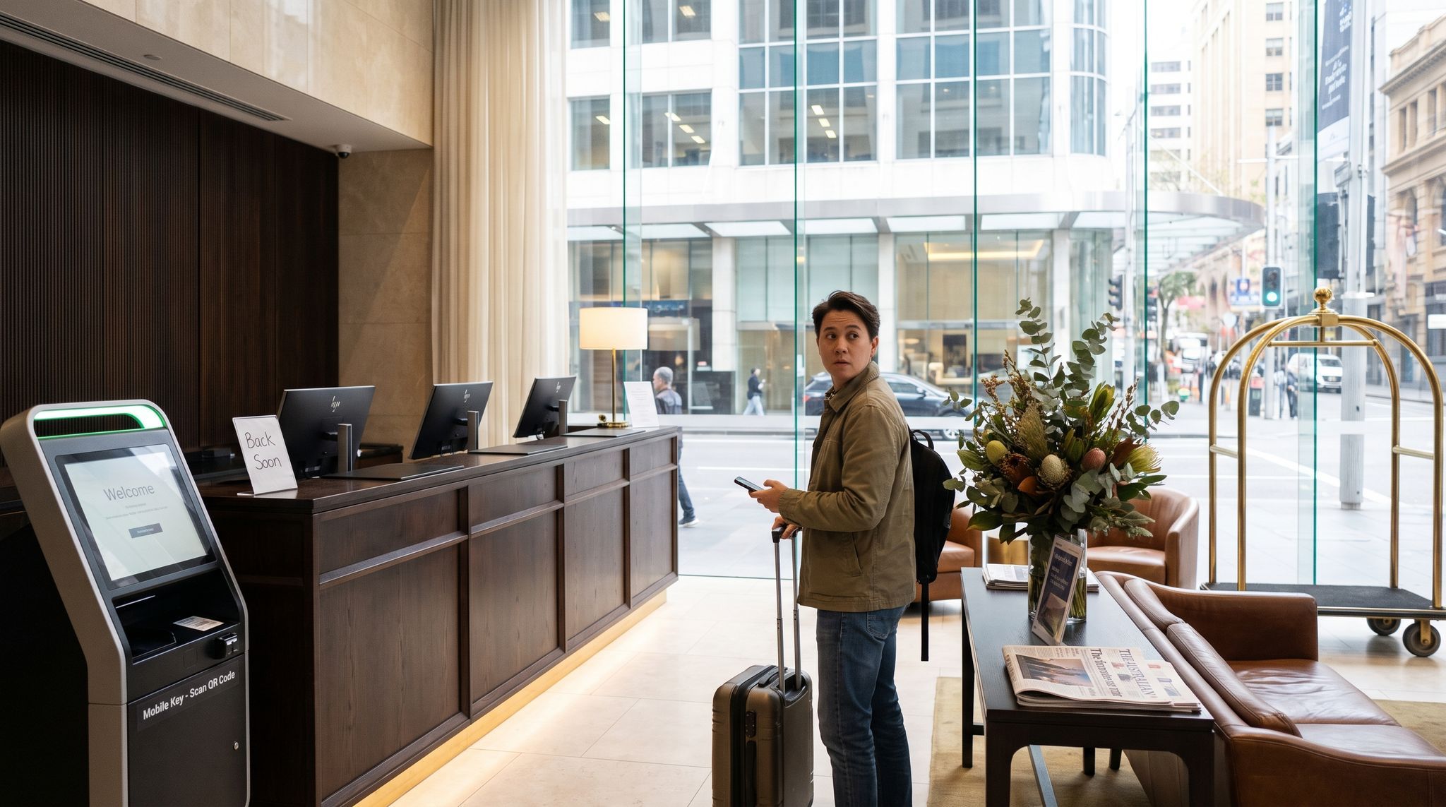 An immaculate hotel lobby in mid-afternoon with nobody staffing it, the reception desk empty and lit, a self check-in kiosk glowing beside it and the concierge chair squared away unused