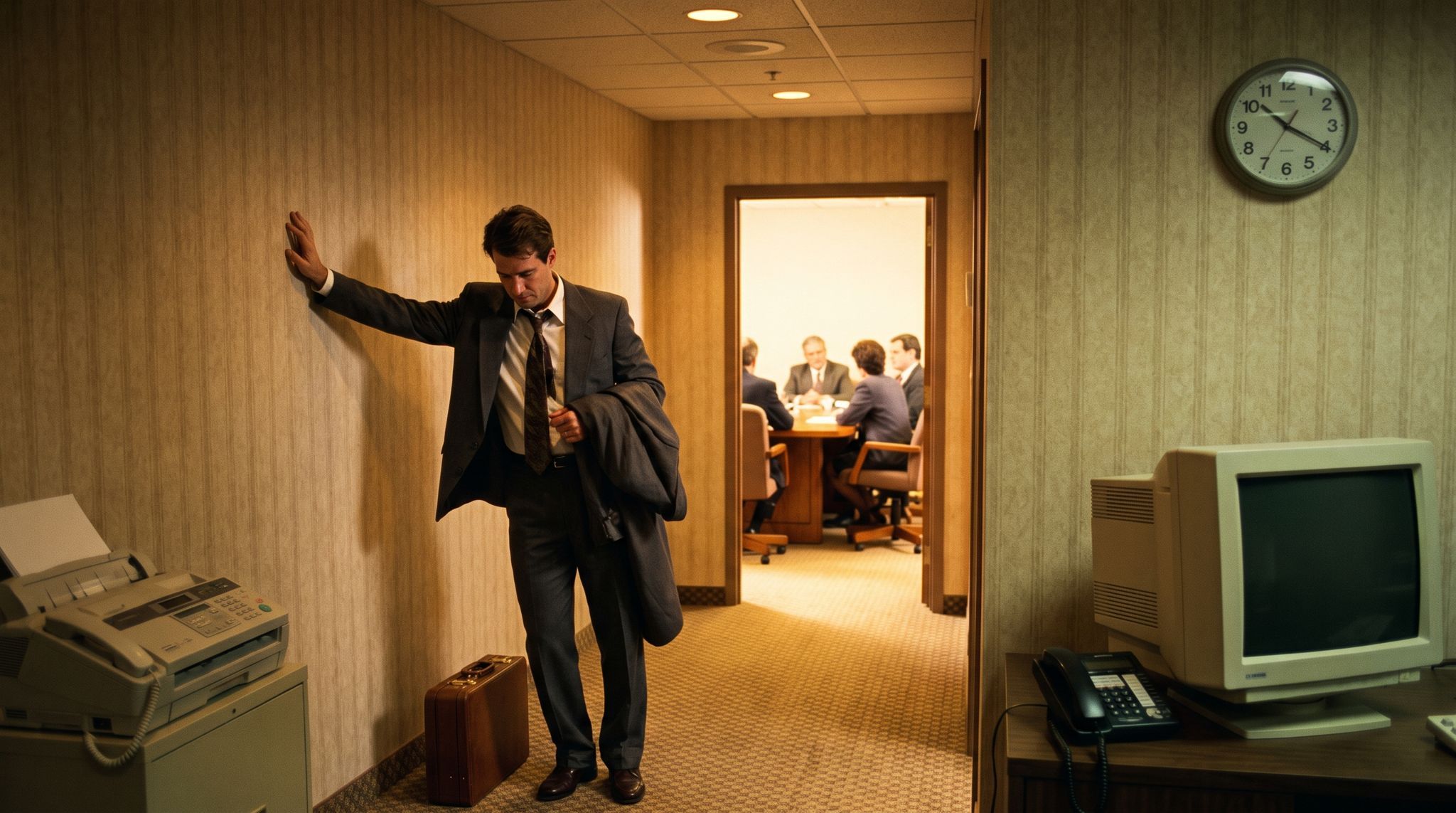 A man in his thirties alone in an office corridor outside a boardroom in the mid 1990s, one palm flat against the wall and his head lowered, tie loosened and briefcase set down at his feet