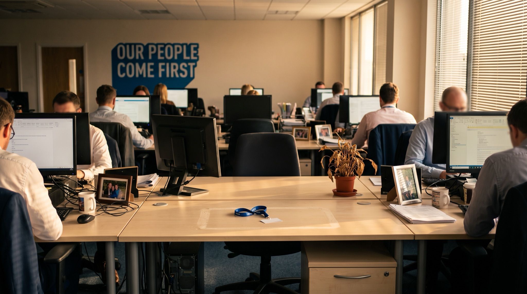A bank of open-plan office desks in late afternoon light with one desk in the middle stripped bare, monitor dark and swung aside, chair squared under it