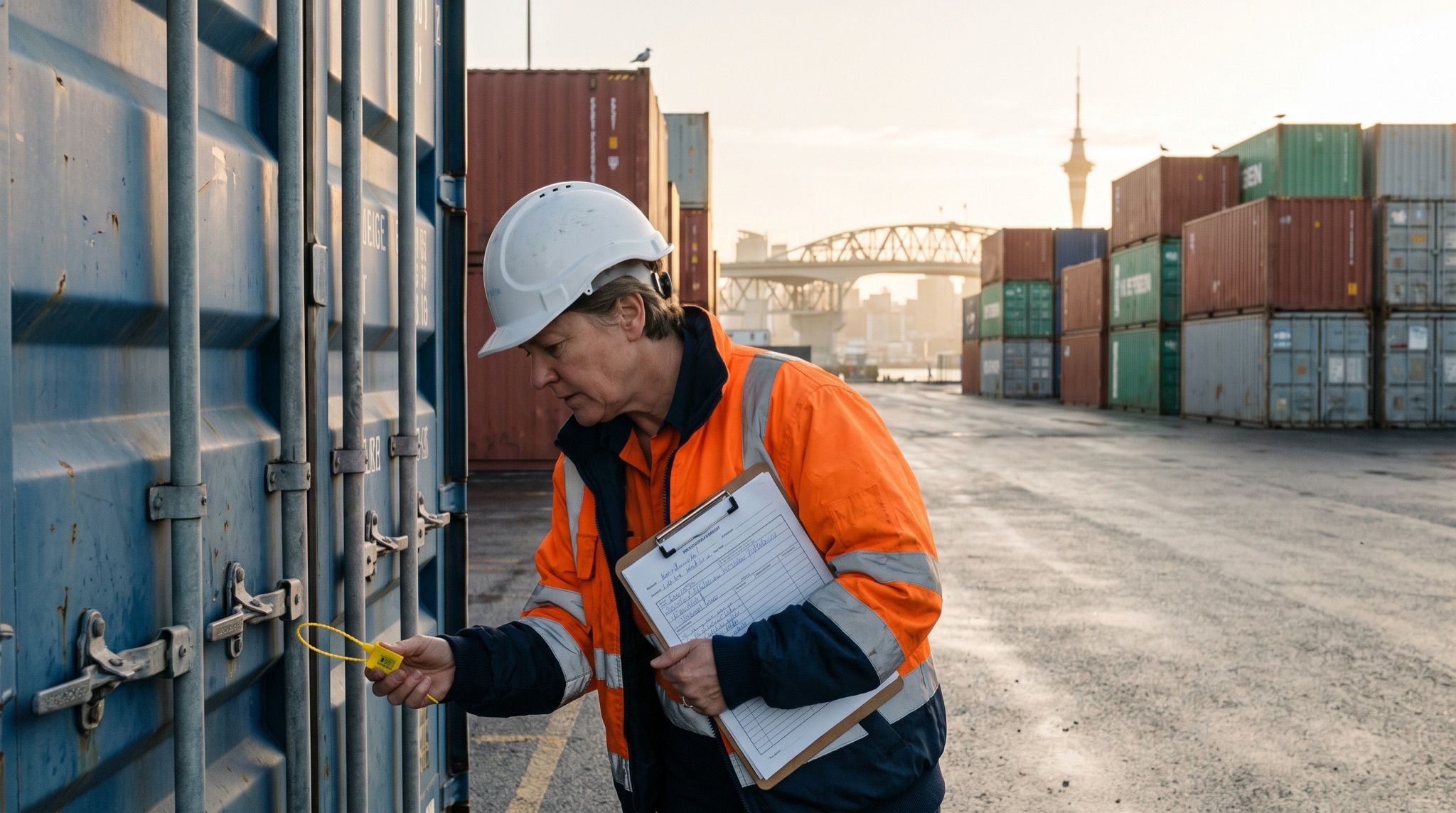 A port inspector checks a container's seal against her paperwork on an Auckland wharf, the Harbour Bridge behind.