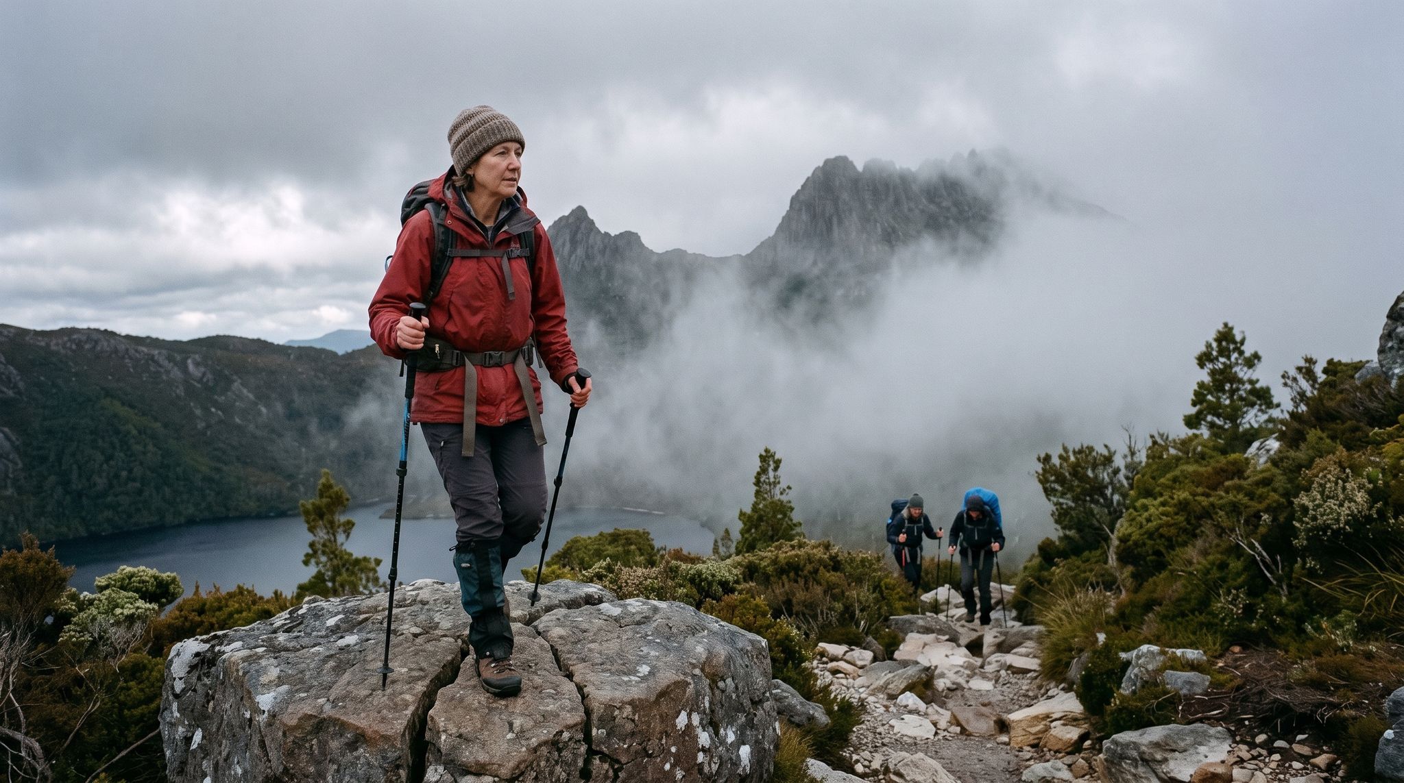 A walker in a red jacket heads back down near the summit of Cradle Mountain while two others keep climbing.
