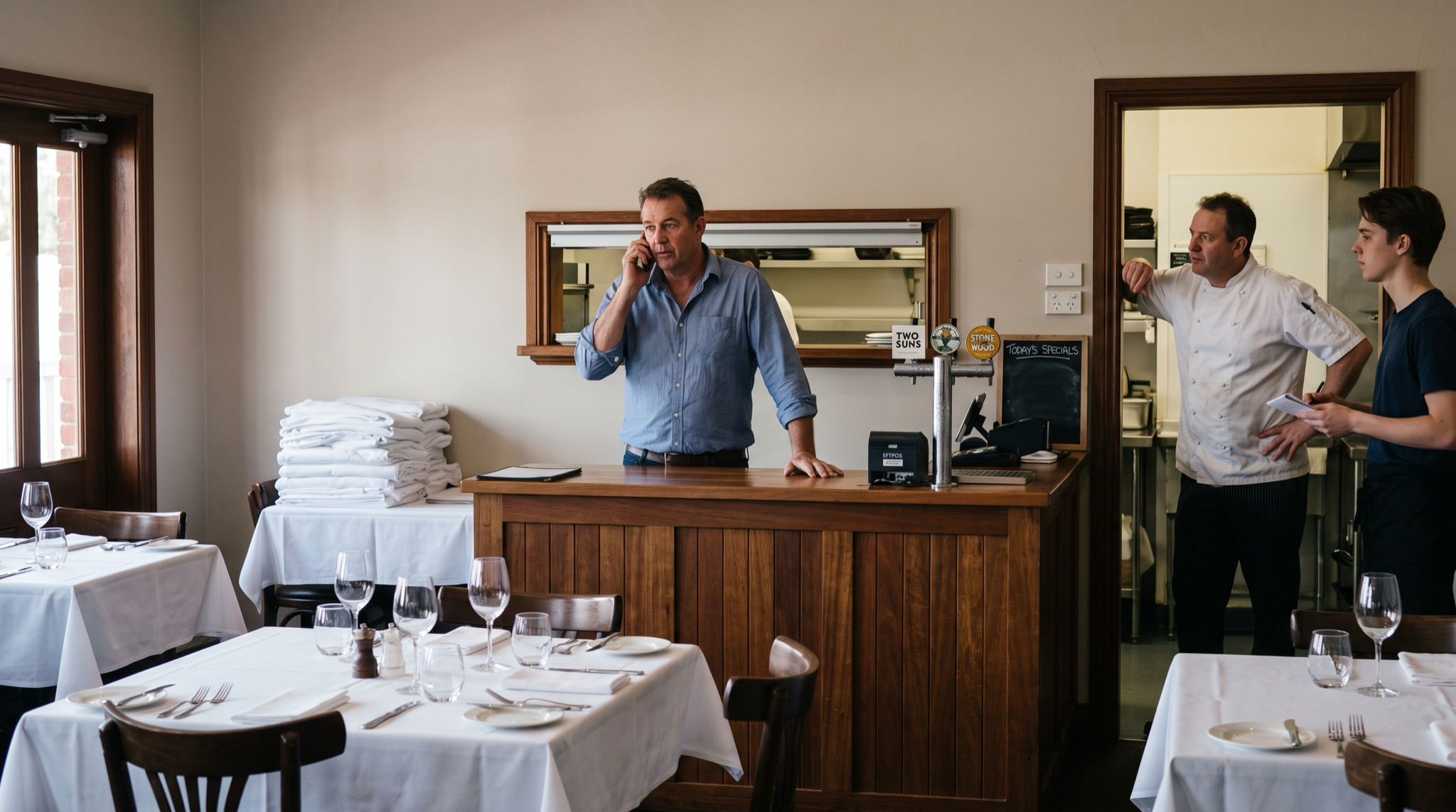 An owner stands at the pass of an empty Australian restaurant in the afternoon, on the phone, while a chef and a floor staff member wait to speak to him
