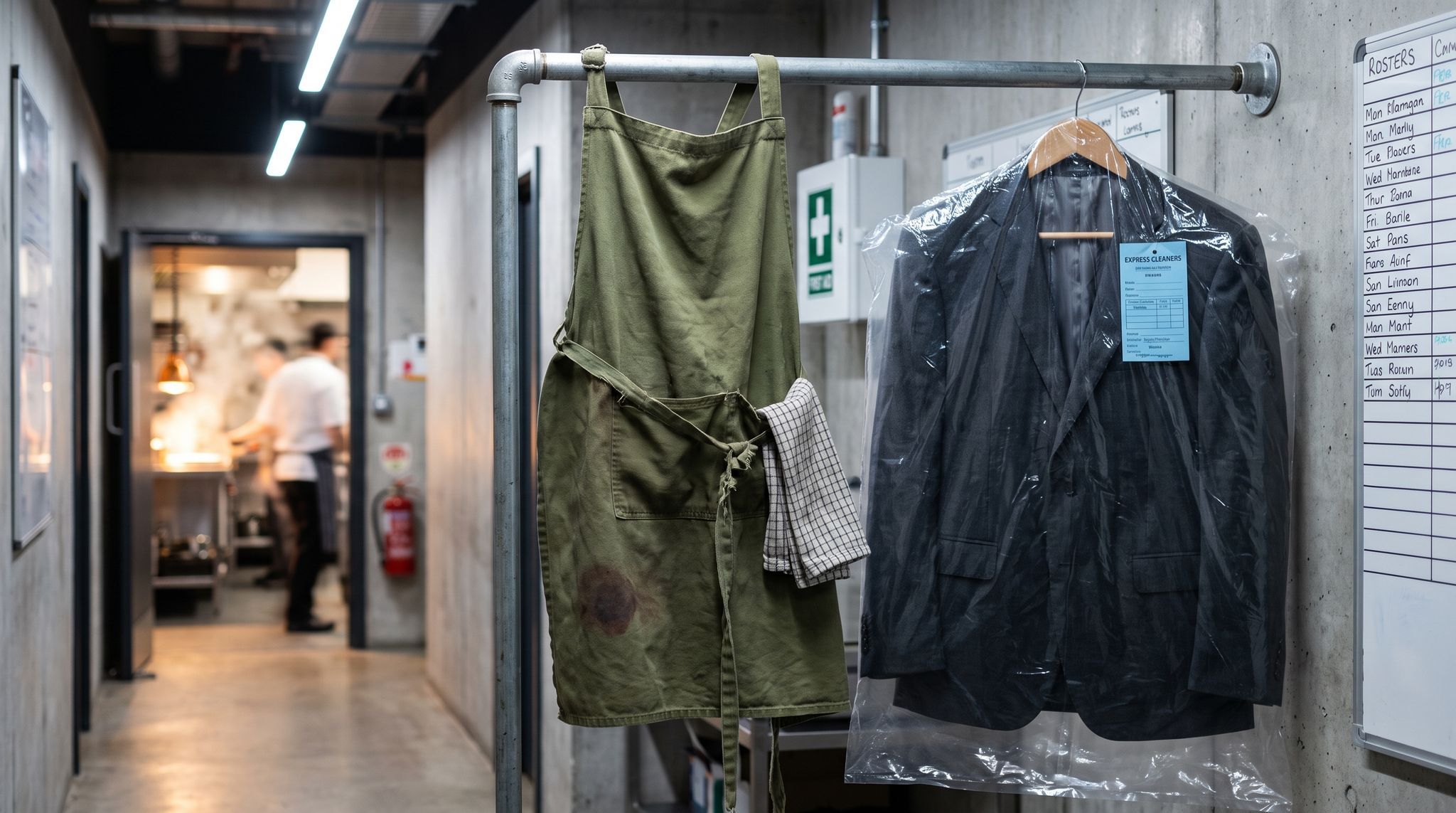 Two garments on the same back-of-house rail: a worn soft chef's apron hanging crooked with a service cloth still tucked in it, and a pressed charcoal suit jacket beside it