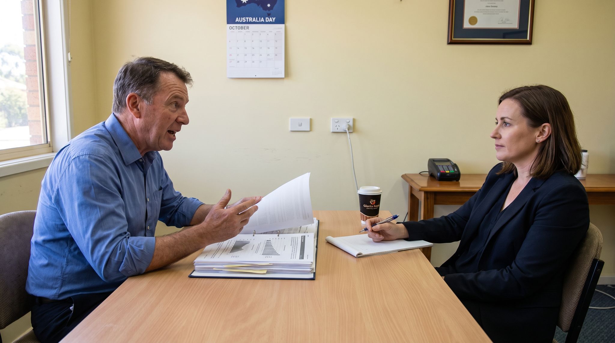 An owner in a blue shirt mid-sentence across a desk, holding up a page from a thick bound report, while an assessor opposite him listens with her pen resting on a blank notepad