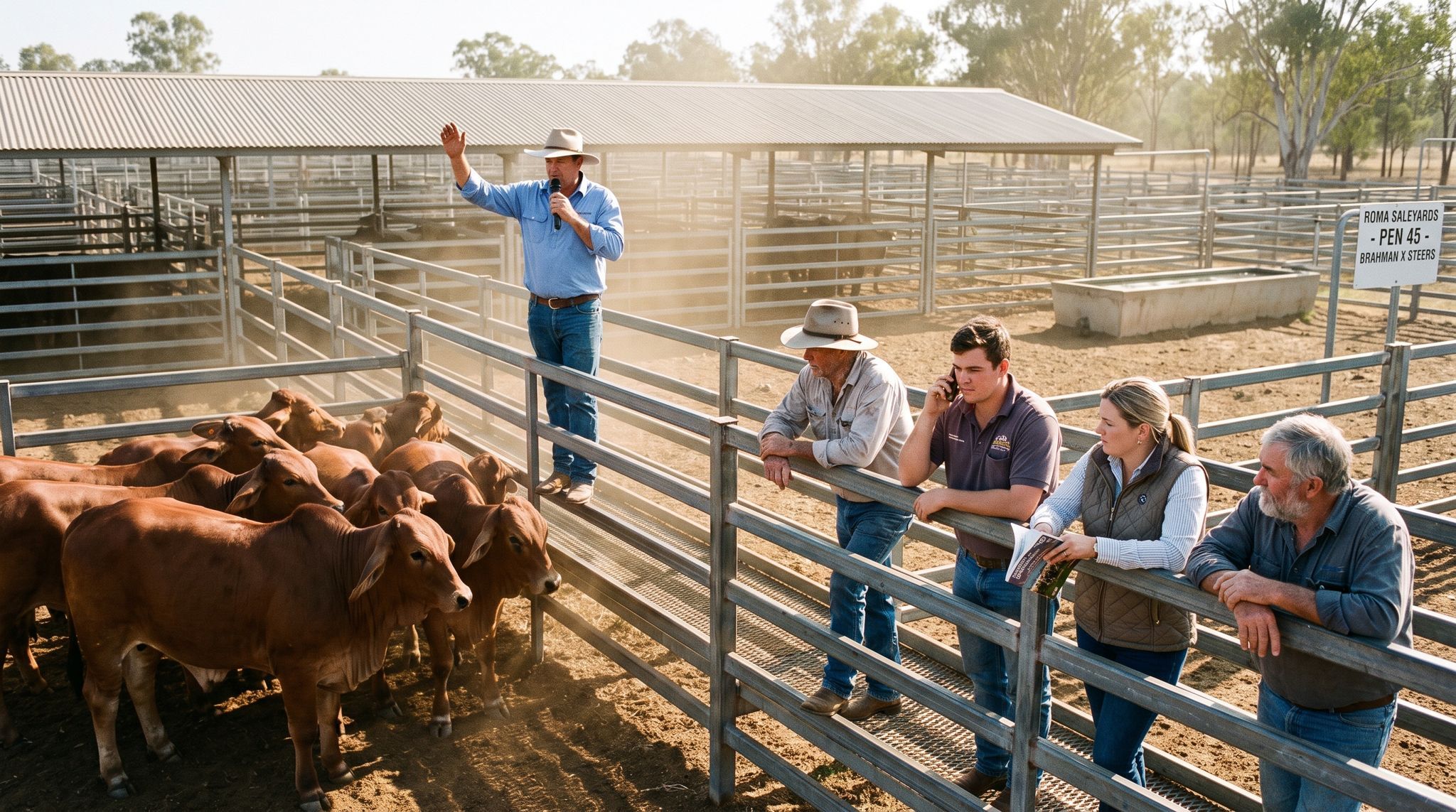 Four different buyers lean on the rail of one cattle pen at the Roma saleyards, all sizing up the same cattle.