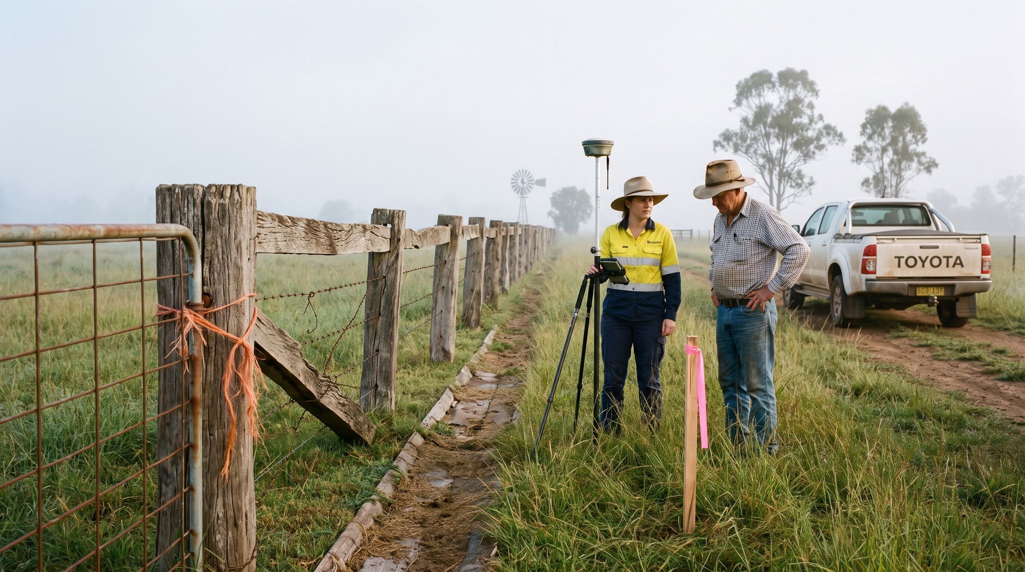 A surveyor and a farmer stand by an old fence on the Darling Downs, a pink peg marking the true boundary.