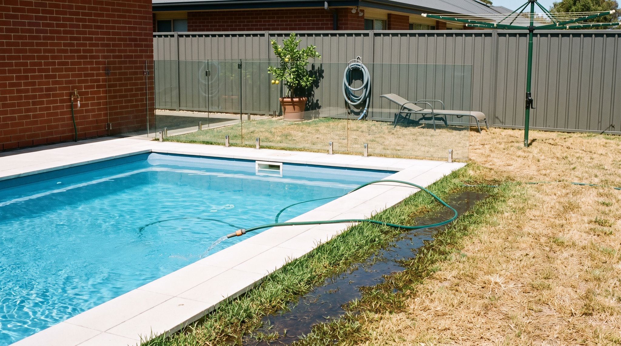 An Adelaide backyard pool kept brim full by a running hose, with a soggy strip of lawn where it leaks away.