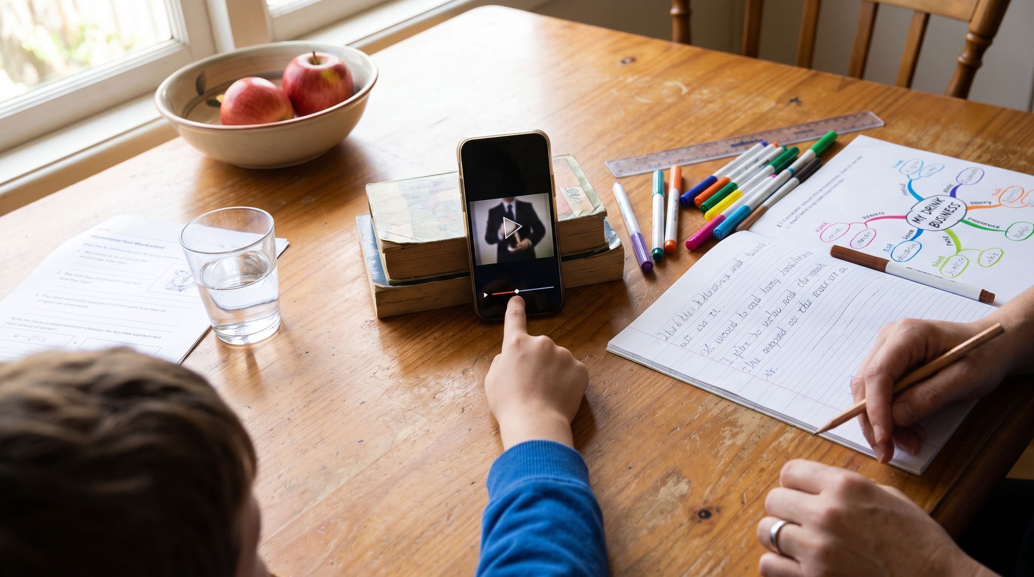 A kitchen table during a morning homeschooling session seen from above, a phone propped against a stack of books playing a paused video of a suited figure holding something up to camera