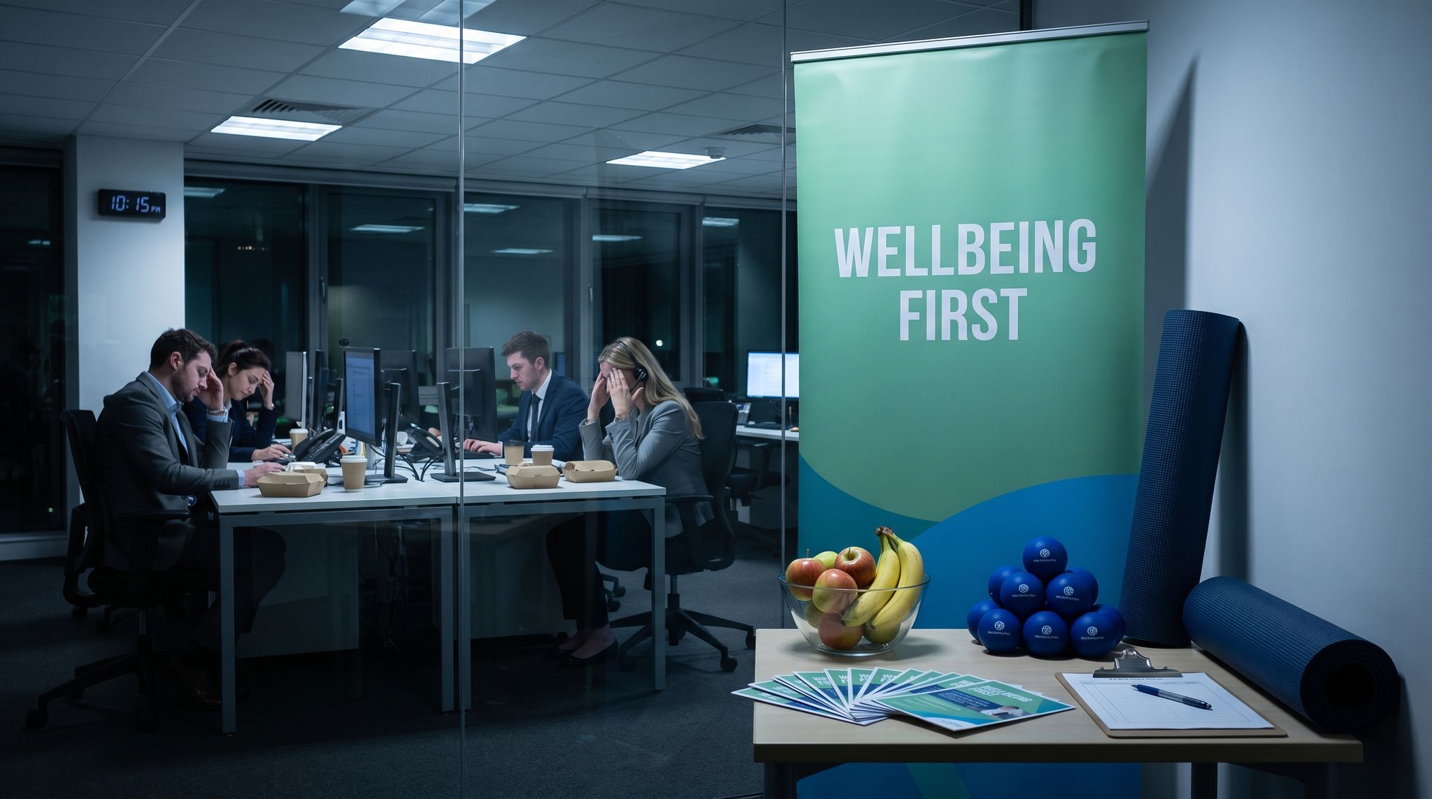 A corporate wellbeing stand with a soft green and blue roll-up banner, set up in an office corridor late at night against black windows